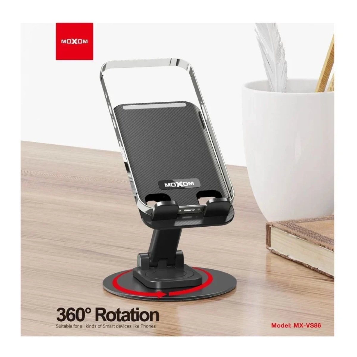 Αναδιπλούμενη περιστρεφόμενη επιτραπέζια βάση αλουμινίου για Smartphone Moxom MX-VS86 – μαύρο