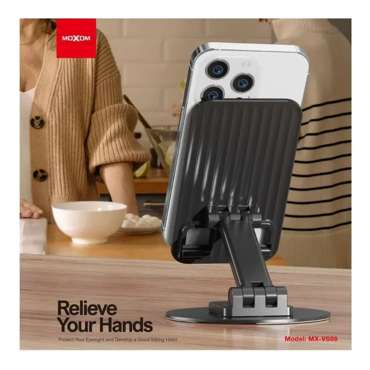 Αναδιπλούμενη περιστρεφόμενη επιτραπέζια βάση αλουμινίου για Smartphone Moxom MX-VS86 – μαύρο