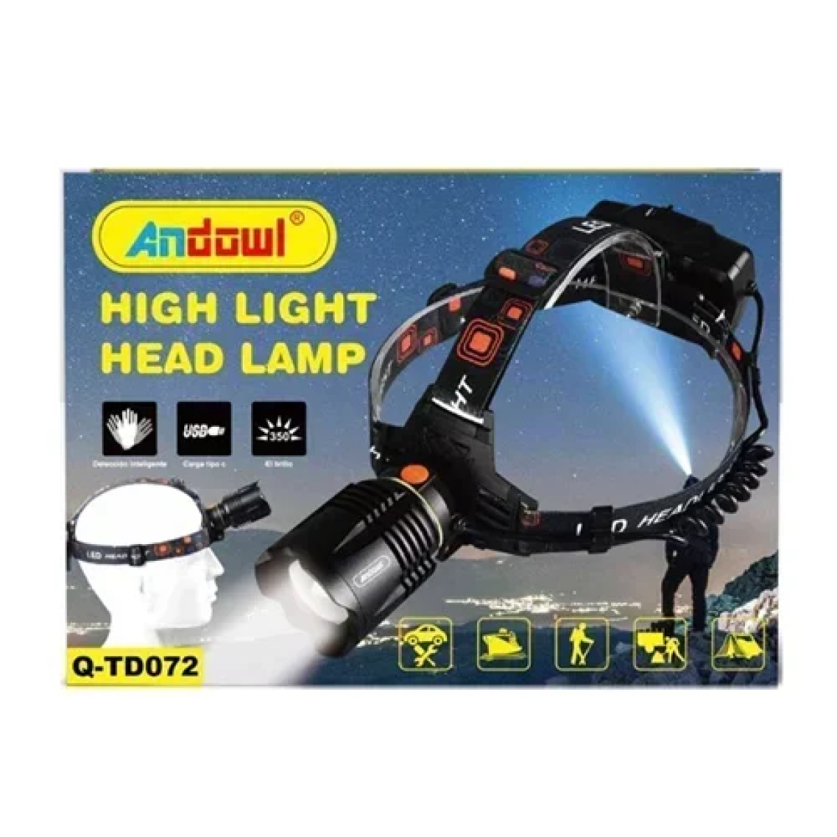 Επαναφορτιζόμενος φακός κεφαλής LED Andowl Q-TD072 μαύρο - Image 2