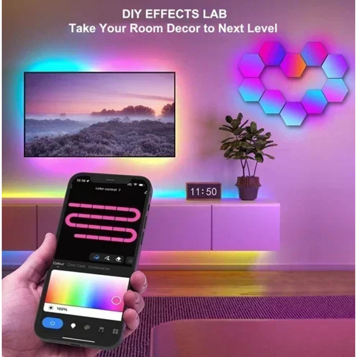 Έξυπνα φωτιστικά τοίχου LED RGB 10τμχ με WiFi, τηλεχειριστήριο και έλεγχο εφαρμογής Hexagon Gaming Light LXQG01-Y - Image 5