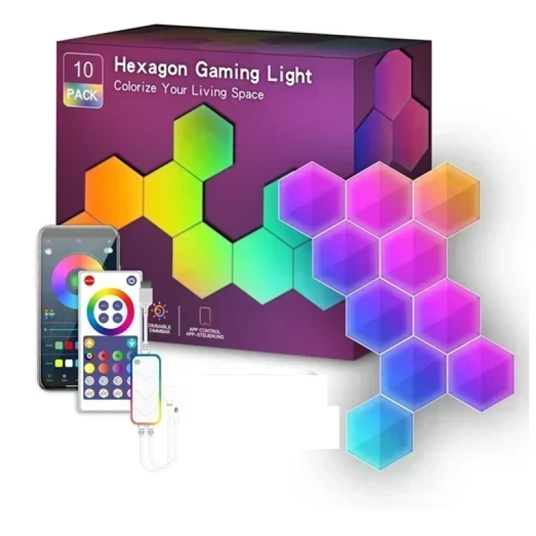 Έξυπνα φωτιστικά τοίχου LED RGB 10τμχ με WiFi, τηλεχειριστήριο και έλεγχο εφαρμογής Hexagon Gaming Light LXQG01-Y