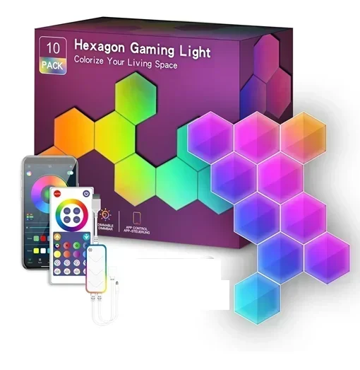 Έξυπνα Φωτιστικά Τοίχου Led Rgb 10Τμχ Με Wifi, Τηλεχειριστήριο Και Έλεγχο Εφαρμογής Hexagon Gaming Light Lxqg01-Y