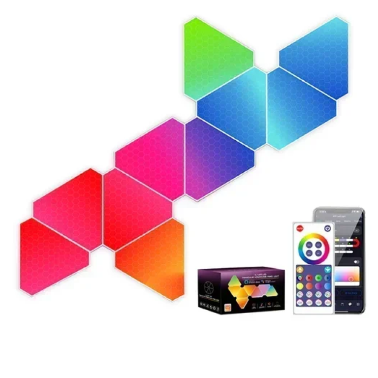 Έξυπνα φωτιστικά τοίχου LED RGB 10τμχ με WiFi, τηλεχειριστήριο και έλεγχο εφαρμογής Triangular Honeycomb Panel Light LXQG06-Y