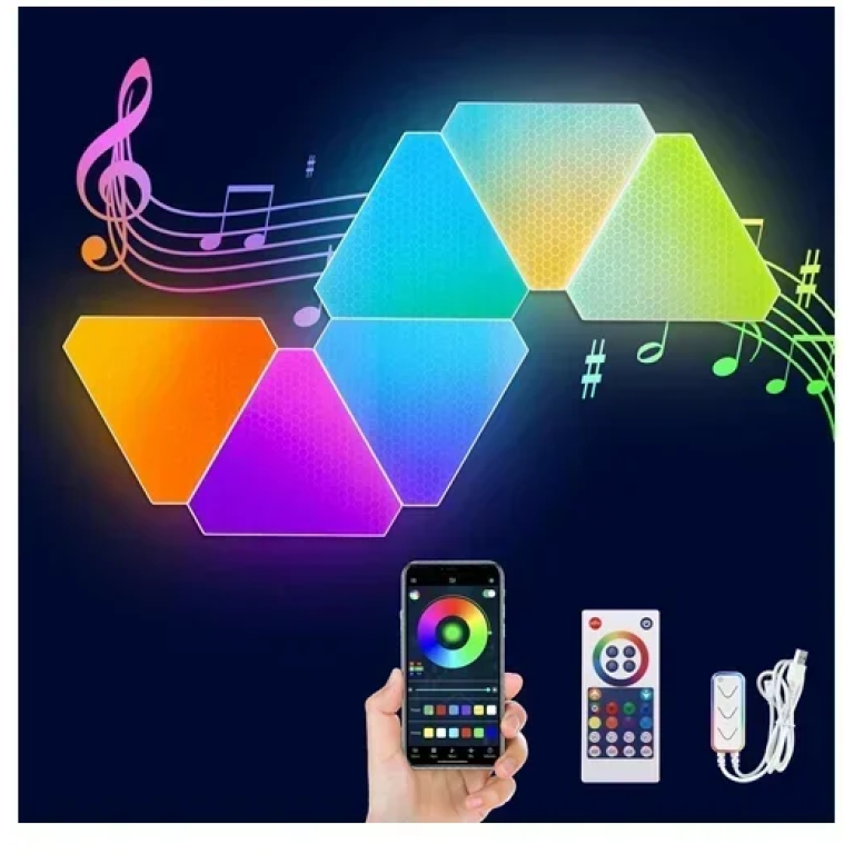 Έξυπνα φωτιστικά τοίχου LED RGB 6τμχ με WiFi, τηλεχειριστήριο και έλεγχο εφαρμογής Triangular Honeycomb Panel Light LXQG06-Y