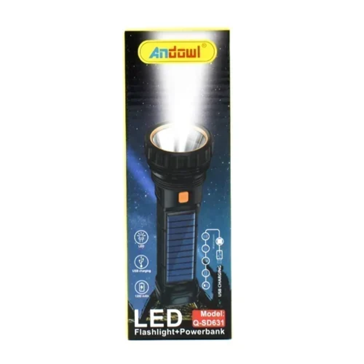 Ηλιακός επαναφορτιζόμενος LED φακός & Powerbank 1200mAh Andowl Q-SD631 – μαύρο - Image 3