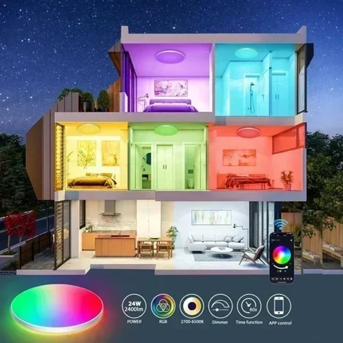 Μοντέρνο φωτιστικό οροφής LED RGB Smart Ceiling Light XD-TUYA-022 λευκό - Image 7