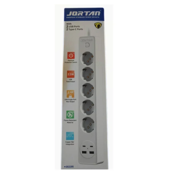 Πολύπριζο 5 θέσεων, 2 θύρες USB , 2 θύρες Type-C λευκό OG2205 Jortan