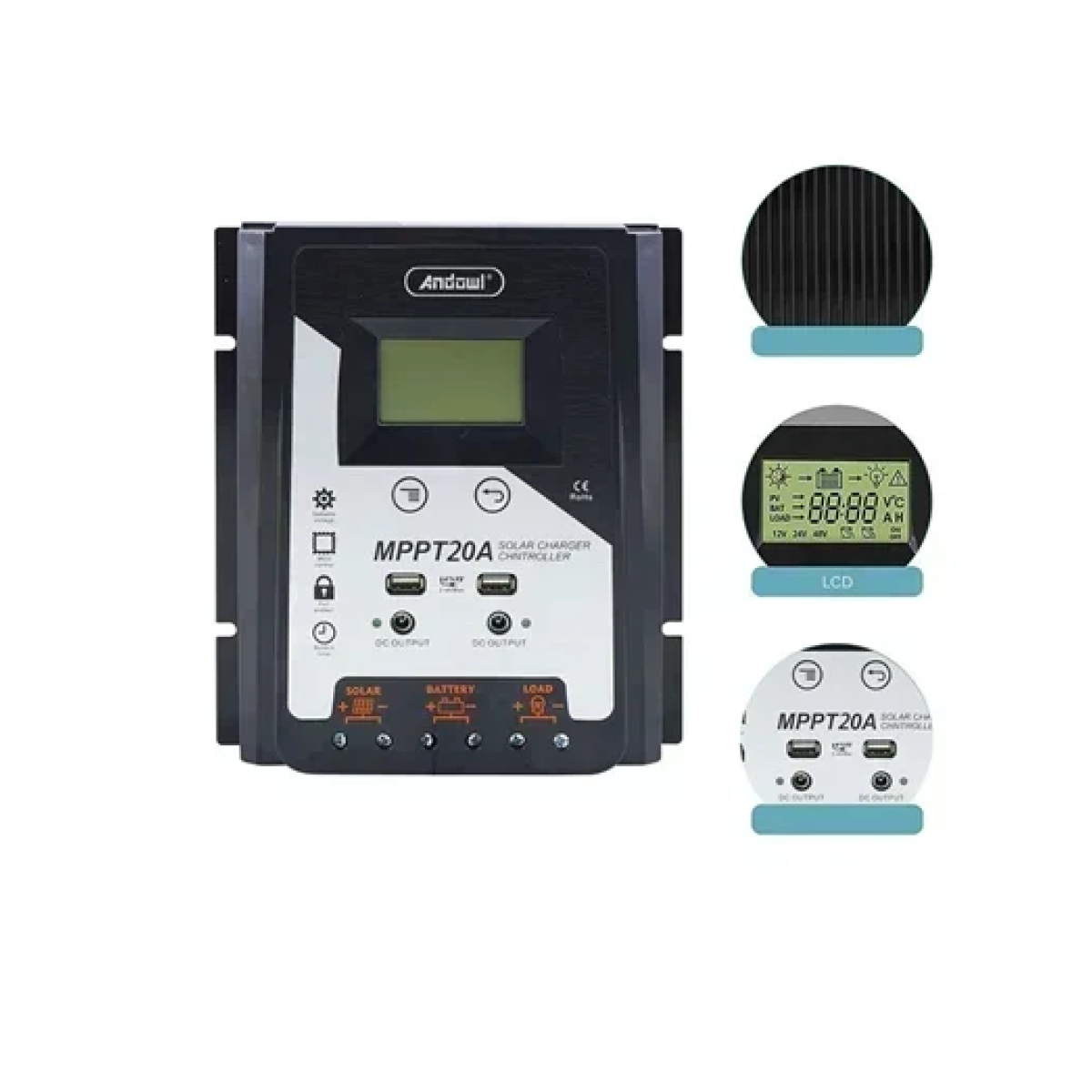 Ρυθμιστής φόρτισης φωτοβολταϊκών MPPT 20A Andowl - Solar Charge Controller - Image 2