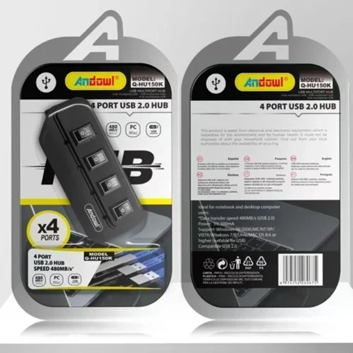 USB Hub 4 θυρών 2.0 με διακόπτες Andowl Q-HU150K μαύρο - Image 2