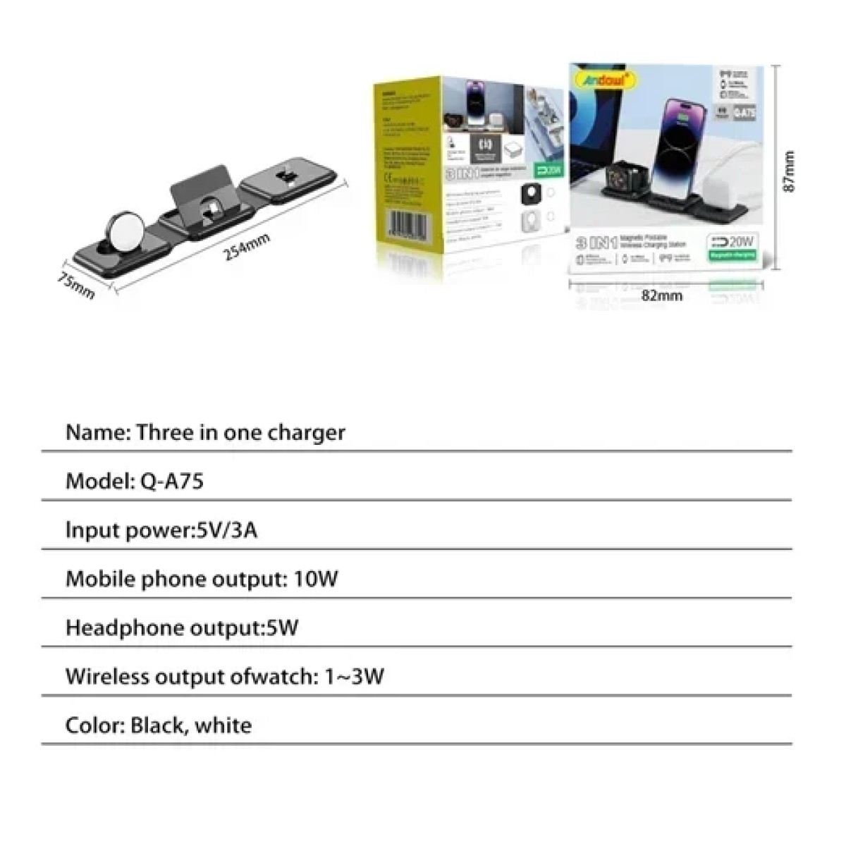 Βάση ασύρματης φόρτισης 3 σε 1 20W Andowl Q-A75 λευκό - Image 3