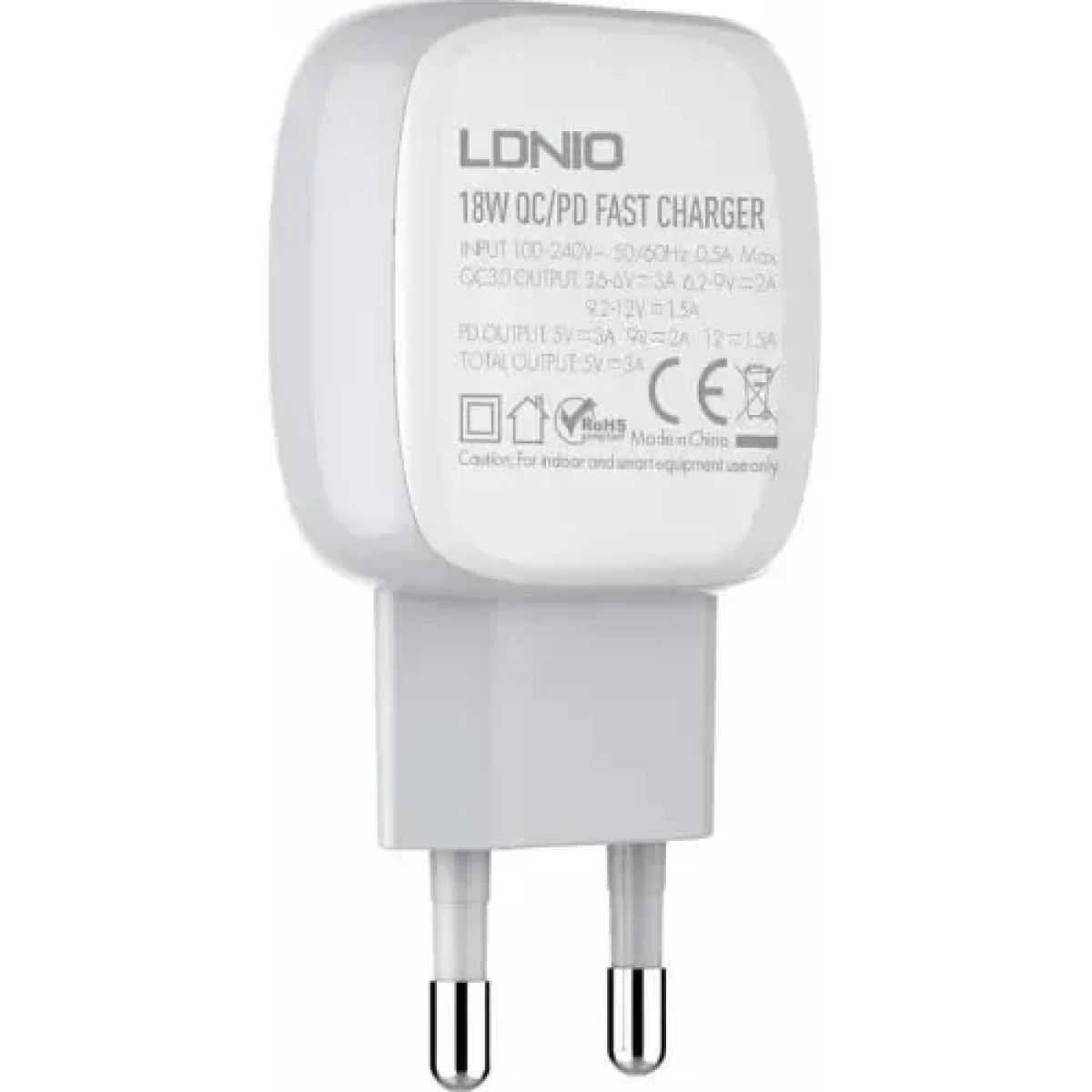 Φορτιστής με Θύρα USB-A και Θύρα USB-C και Καλώδιο USB-C 18W Power Delivery / Quick Charge 3.0 Λευκός LDNIO A2313C