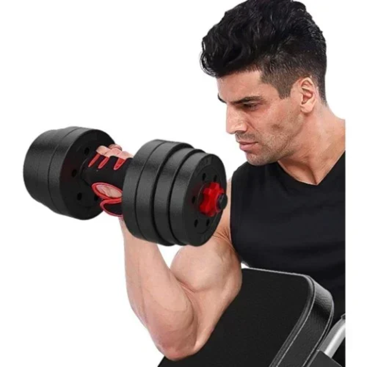 Σετ 2 σε 1 γυμναστικής με μπάρα και αλτήρες 15kg με αντιολισθητικές λαβές - κόκκινο/μαύρο