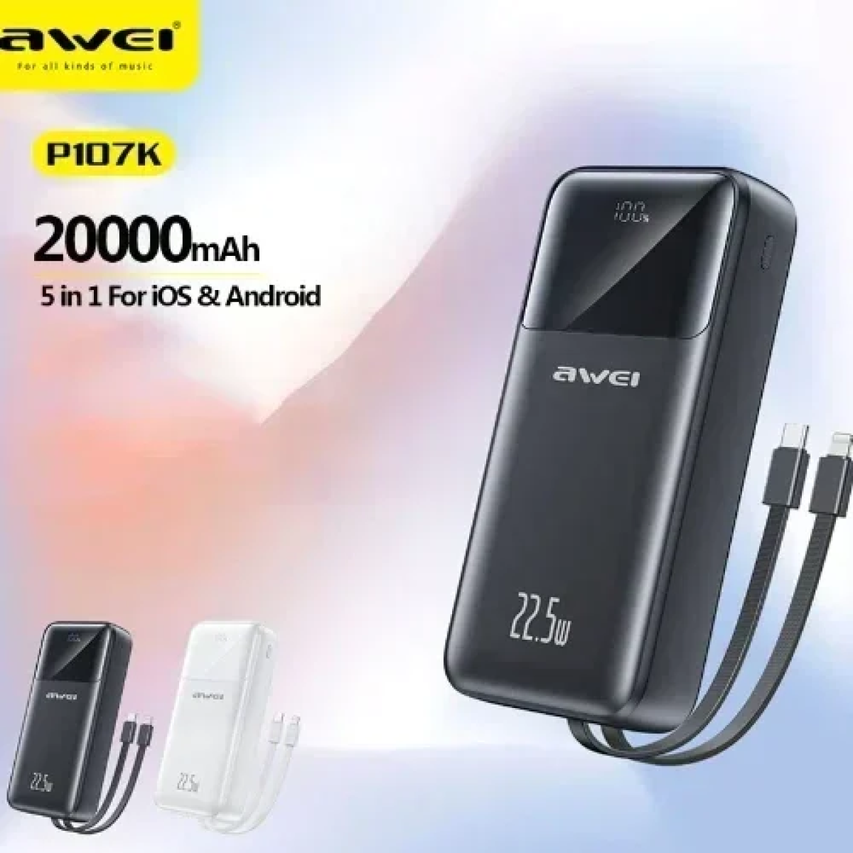 Power Bank 20000mAh 5 σε 1 Γρήγορης Φόρτισης με Ψηφιακή Οθόνη LED Awei P107K