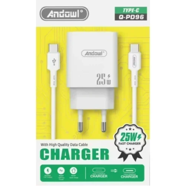 Φορτιστής με 1 θύρα USB-C & 1 θύρα USB-A και Καλώδιο Type-C To Type-C Γρήγορης Φόρτισης 25W Andowl Q-PD96