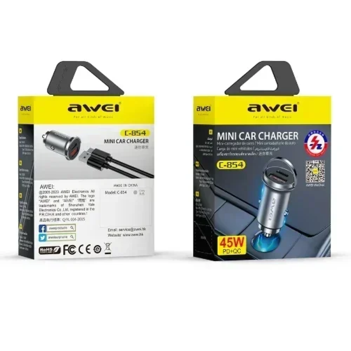 Awei C-854 Mini Φορτιστής Αυτοκινήτου PD+QC 30W με 2 θύρες & Γρήγορη φόρτιση
