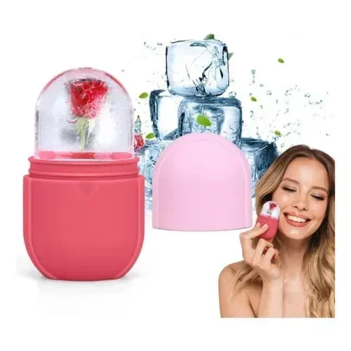 Ice Roller Ρολό Μασάζ για πρόσωπο και μάτια σε Θήκη Σιλικόνης - Ροζ