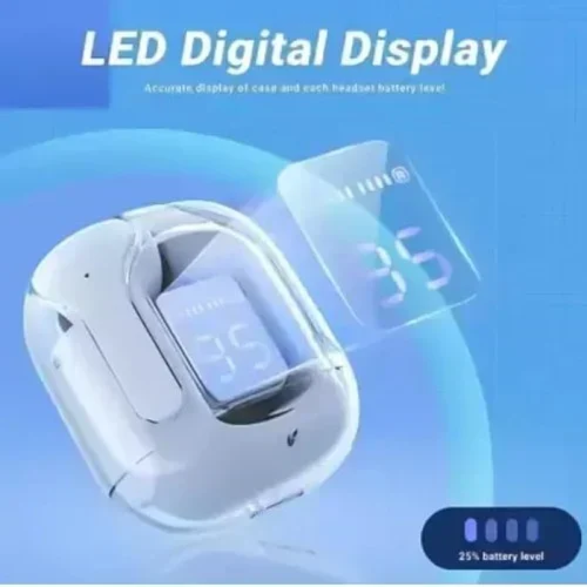 Mίνι Ασύρματα Ακουστικά Bluetooth Διάφανα με Ένδειξη Μπαταρίας - Γαλάζια