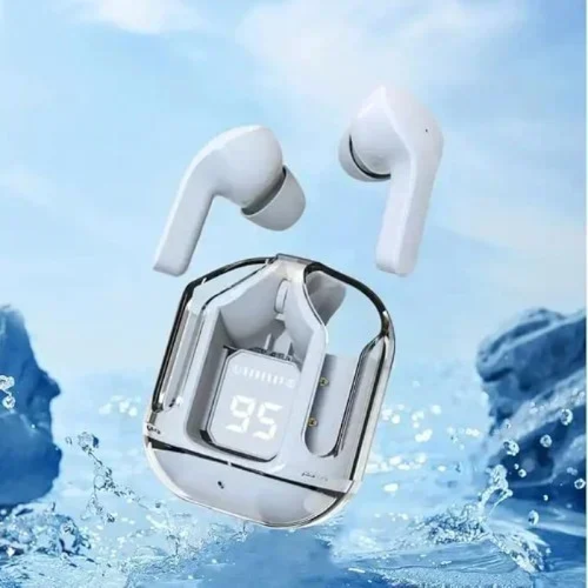 Mίνι Ασύρματα Ακουστικά Bluetooth Διάφανα με Ένδειξη Μπαταρίας - Γαλάζια