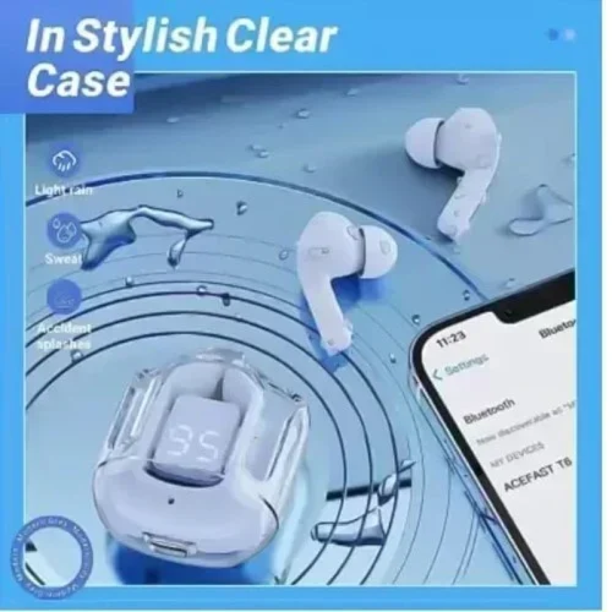 Mίνι Ασύρματα Ακουστικά Bluetooth Διάφανα με Ένδειξη Μπαταρίας - Γαλάζια