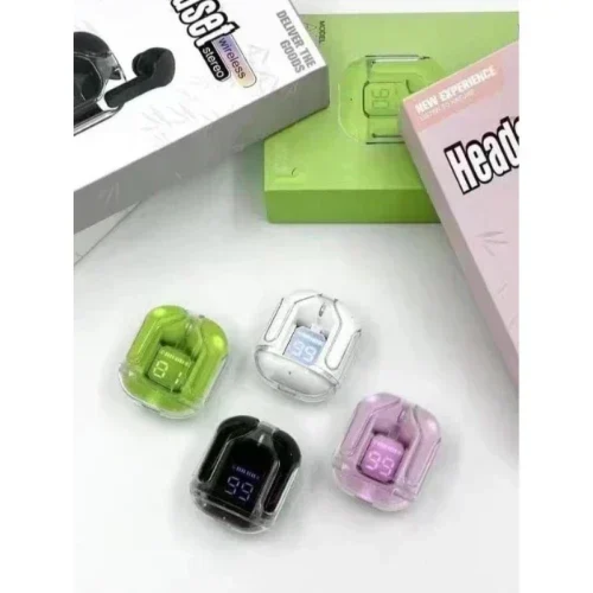 Mίνι Ασύρματα Ακουστικά Bluetooth Διάφανα με Ένδειξη Μπαταρίας - Ροζ