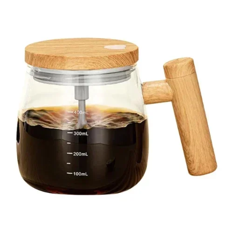 Γυάλινη Κούπα 400ml που ανακατεύεται μόνη της με ξύλινο καπάκι & λαβή