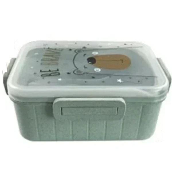 Φαγητοδοχείο Πλαστικό 14x18.5x7.5 cm με σχέδιο Aρκουδάκι & κουτάλι-πιρούνι-chopsticks 20235 Πράσινο