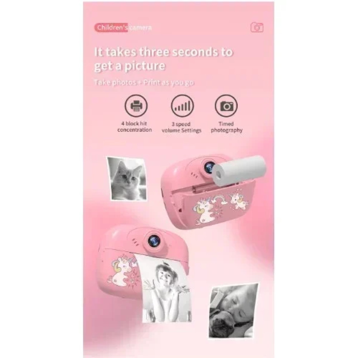 Ψηφιακή Παιδική Φωτογραφική Μηχανή στιγμιαίας εκτύπωσης με Αξεσουάρ Baby Unicorn Ροζ