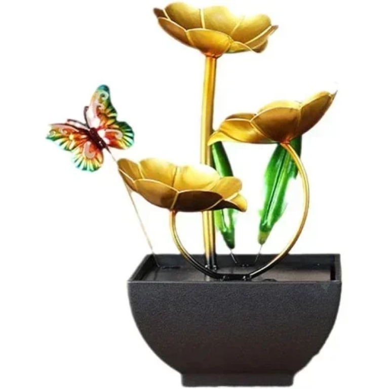 Επιτραπέζιο Συντριβάνι Feng Shui με Χρυσούς Λωτούς, Πολύχρωμη Πεταλούδα και Τρεχούμενο Νερό