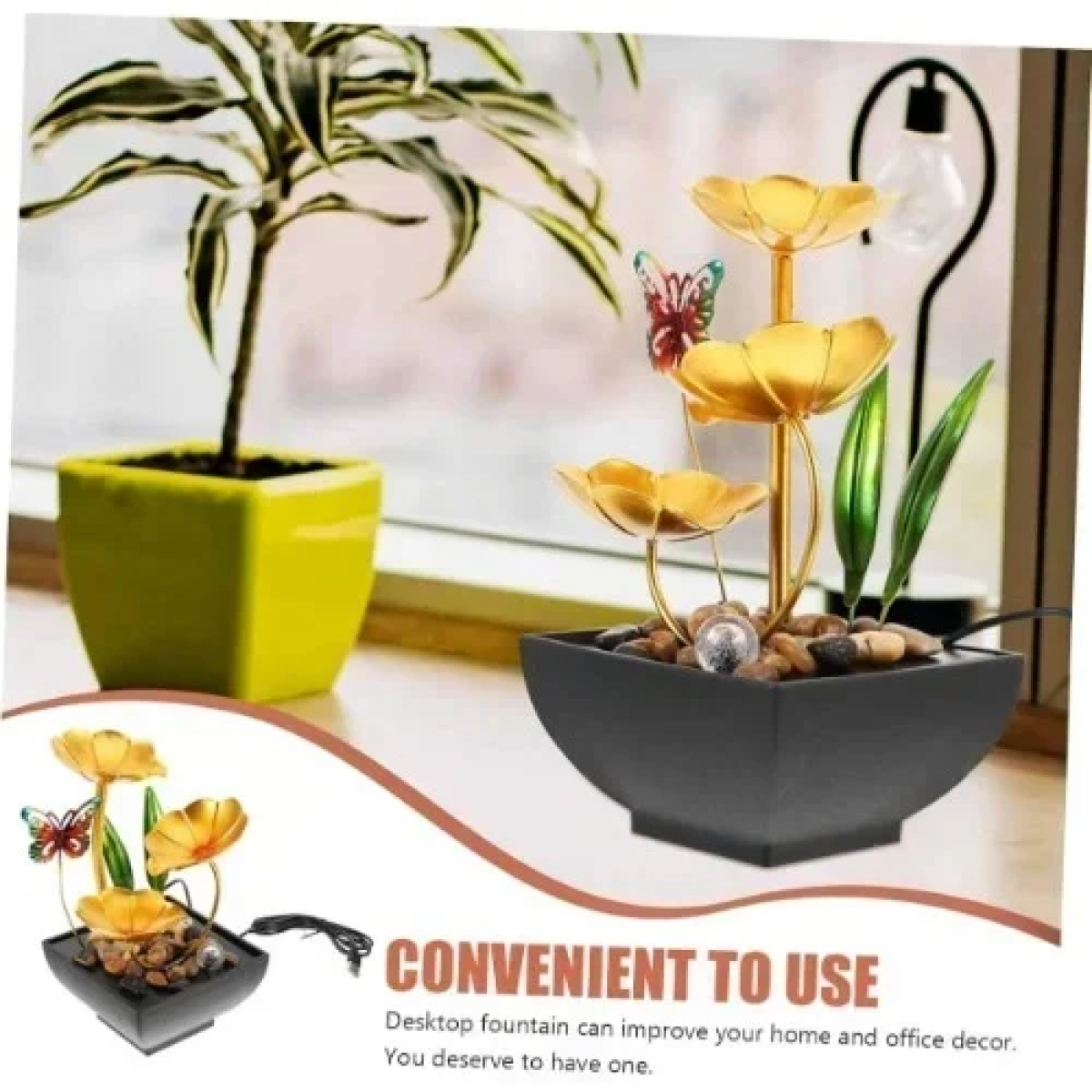 Επιτραπέζιο Συντριβάνι Feng Shui με Χρυσούς Λωτούς, Πολύχρωμη Πεταλούδα και Τρεχούμενο Νερό