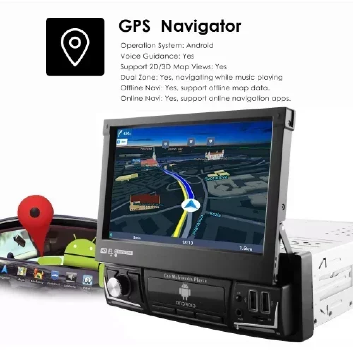 Ηχοσύστημα Αυτοκινήτου (Bluetooth/USB/WiFi/GPS) με Xειροκίνητη Αναδιπλούμενη Οθόνη Αφής 7" 12V Android 1Din 4+64G