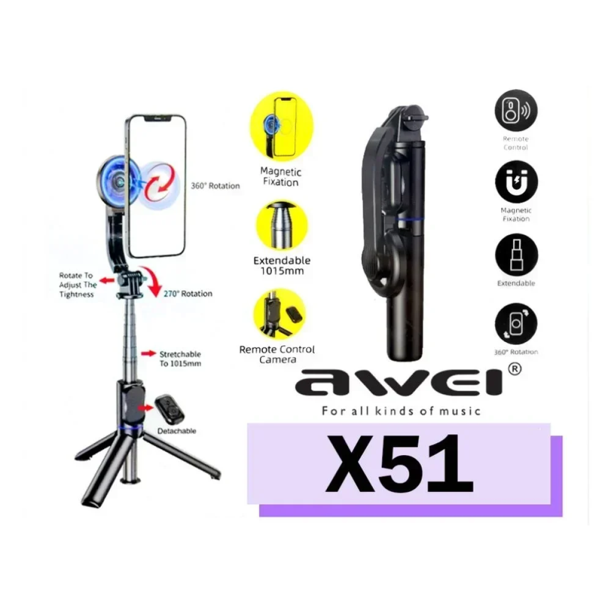 Awei X51 Πτυσσόμενο Τρίποδο Κινητού Selfie Stick με Bluetooth - Μαύρο