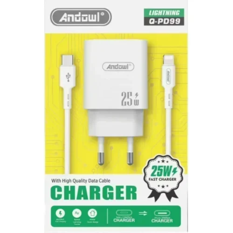 Φορτιστής με 1 θύρα USB-C & 1 θύρα USB-A και Καλώδιο Type-C To Lightning Γρήγορης Φόρτισης 25W Andowl Q-PD99