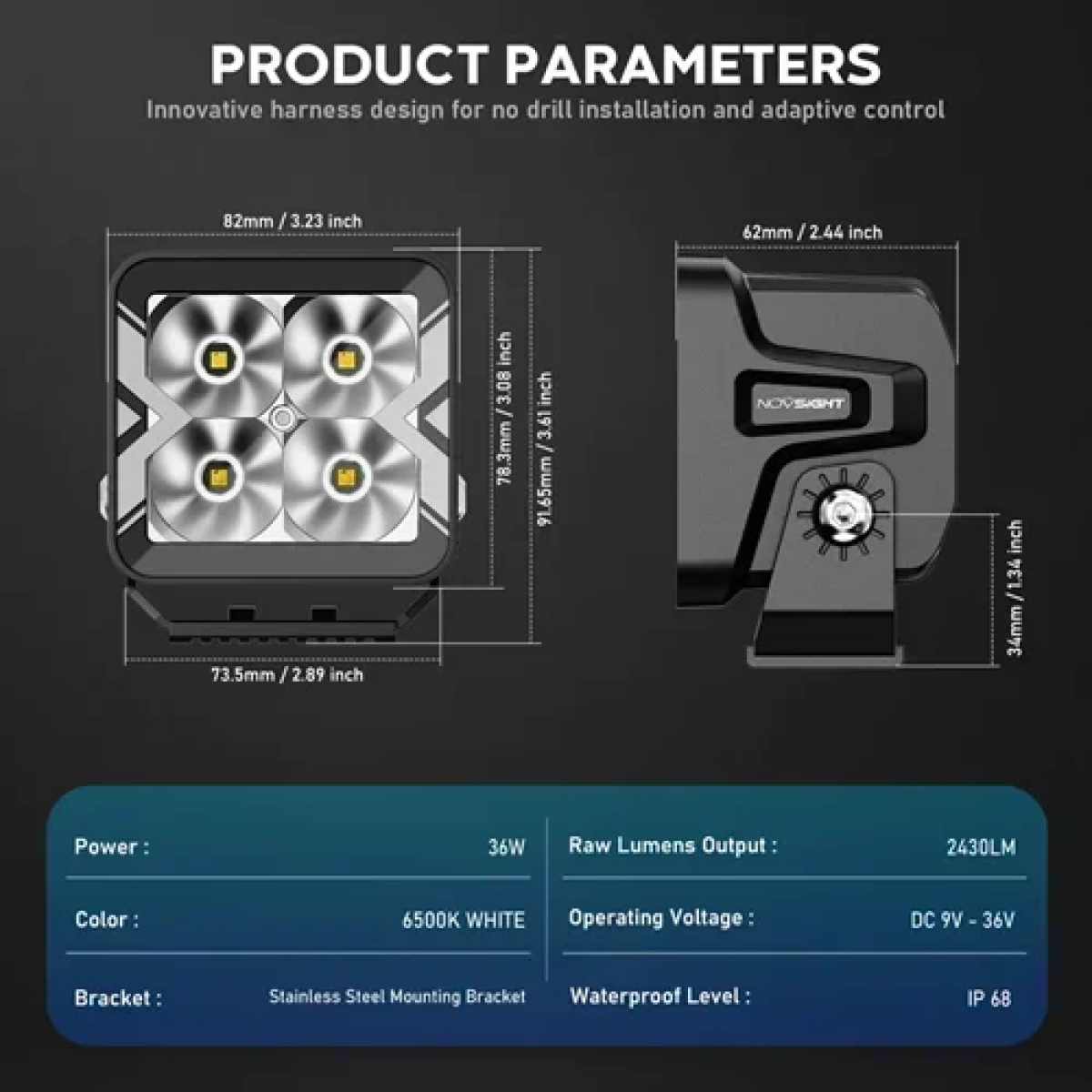 Off-Road προβολάκια αλουμινίου Flood Light λευκό 40W 6500K IP68 12-24V Novsight A500-WL3-3S – μαύρο - Image 7