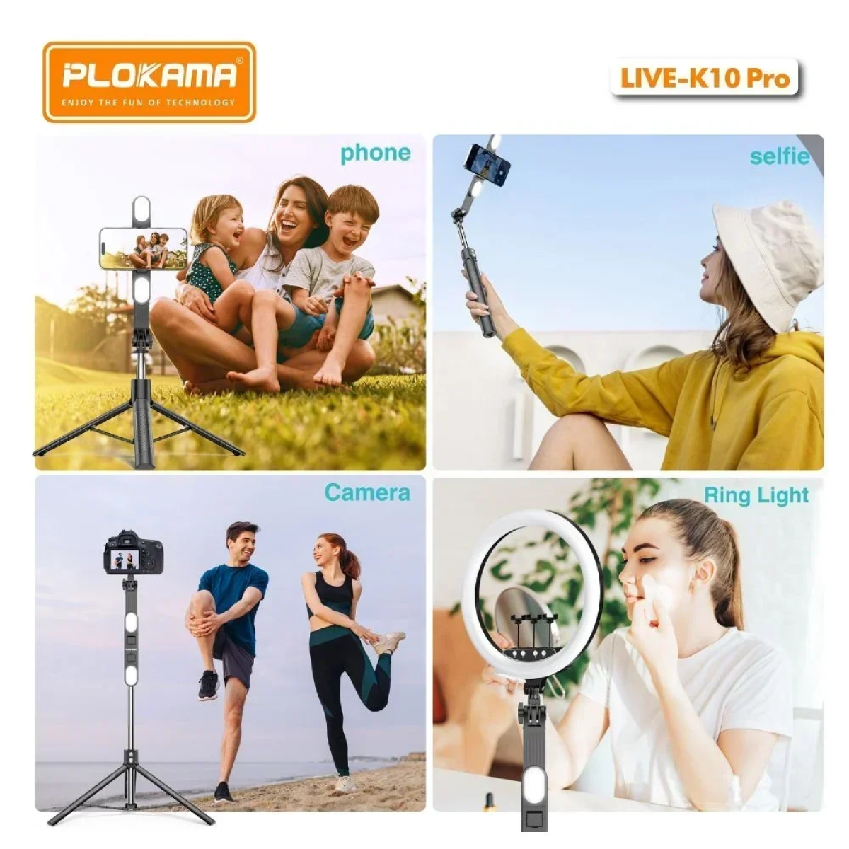 Plokama PK-K10 Selfie Stick Τρίποδο Κινητού με Bluetooth Μαύρο