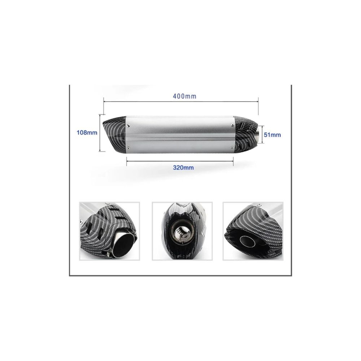 Universal Τελικό Εξάτμισης 51mm Ασημί με Μαύρο Carbon