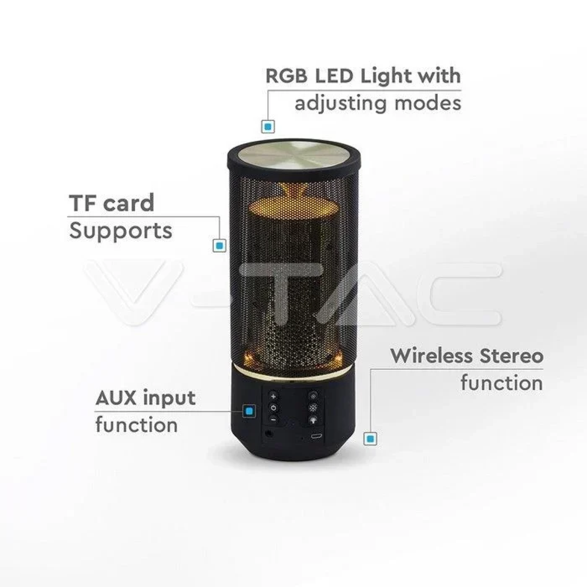 V-TAC Φορητό Ηχείο Bluetooth 6W Επαναφορτιζόμενο 1200mAh με LED 6 επίπεδα φωτισμού και εφέ φλόγας (TWS Function ) Μαύρο 7724