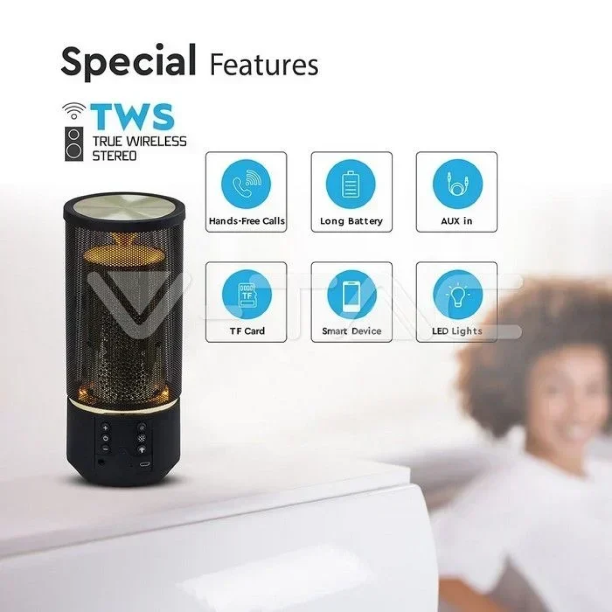 V-TAC Φορητό Ηχείο Bluetooth 6W Επαναφορτιζόμενο 1200mAh με LED 6 επίπεδα φωτισμού και εφέ φλόγας (TWS Function ) Μαύρο 7724