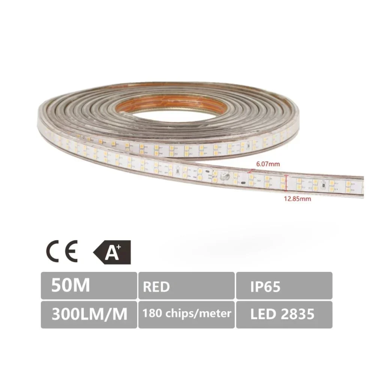 50m LED Αδιάβροχη Ταινία LED 230V AC 7W/m σε Κόκκινο χρώμα με 180LED/m IP65
