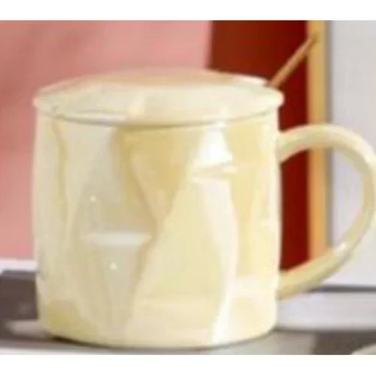 Κεραμική Κούπα 400ml με Καπάκι και Κουτάλι 9.3x8.5cm SDS-25459 Κίτρινη