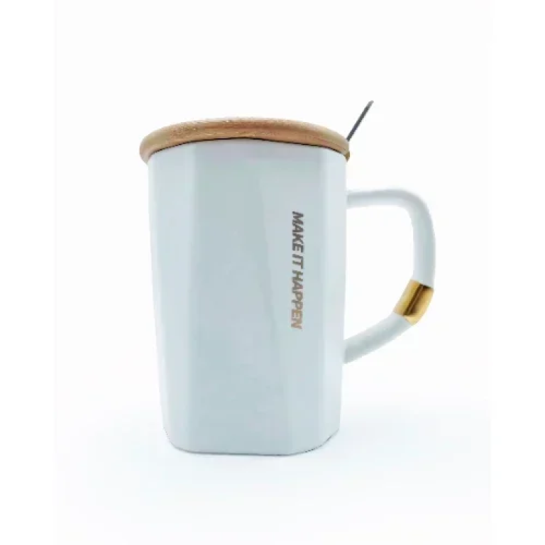 Κεραμική Κούπα 380ml 11x8.2cm με Καπάκι και Κουτάλι SDS-25465 Λευκή