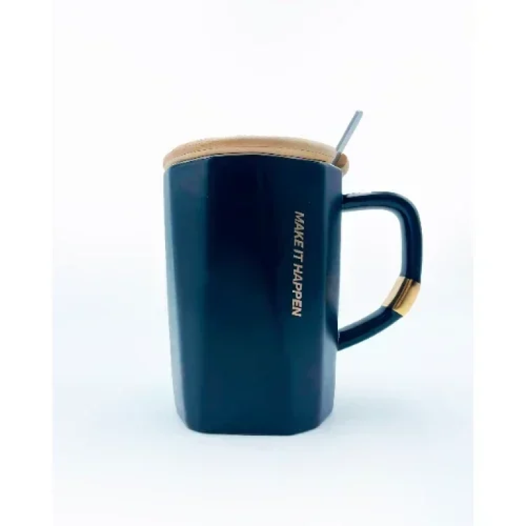 Κεραμική Κούπα 380ml 11x8.2cm με Καπάκι και Κουτάλι SDS-25465 Μαύρη