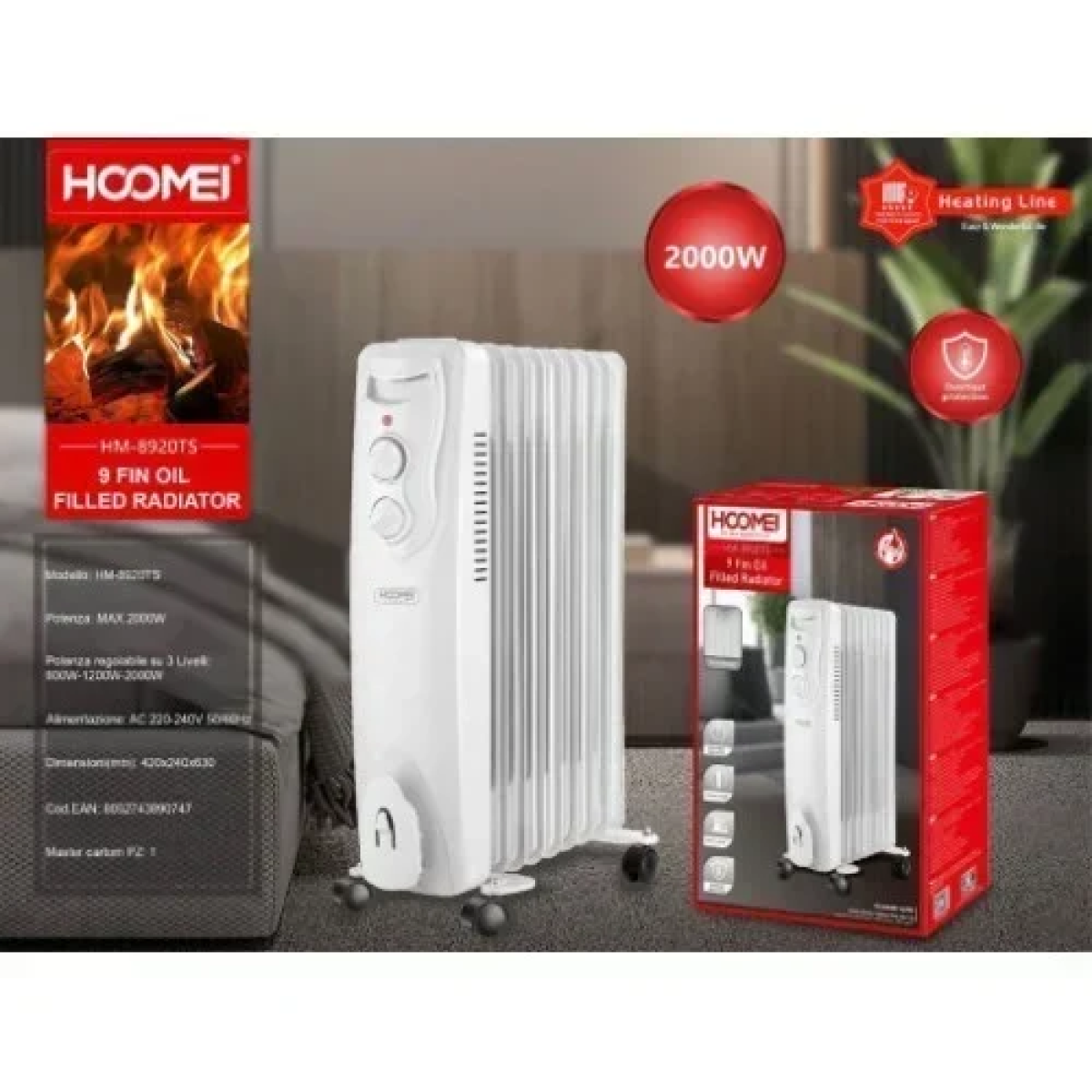 Hoomei HM-8920TS Ηλεκτρικό Καλοριφέρ Λαδιού με 9 φέτες 2000W