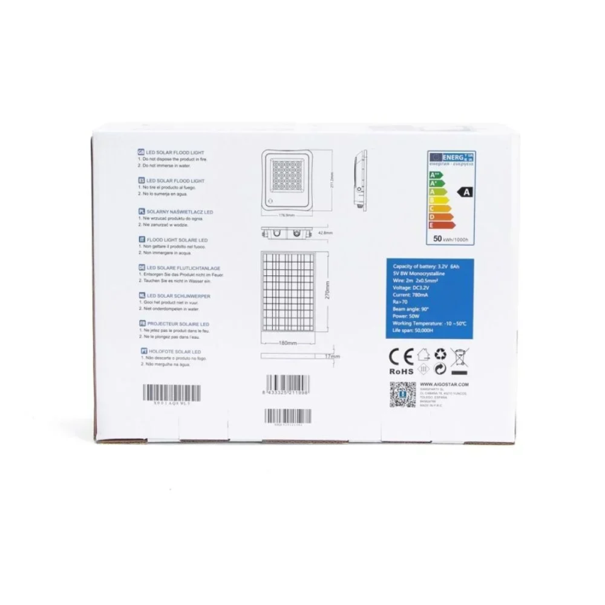 Aigostar - LED Dimmable ηλιακός προβολέας LED/50W/3,2V IP65 με Τηλεχειριστήριο