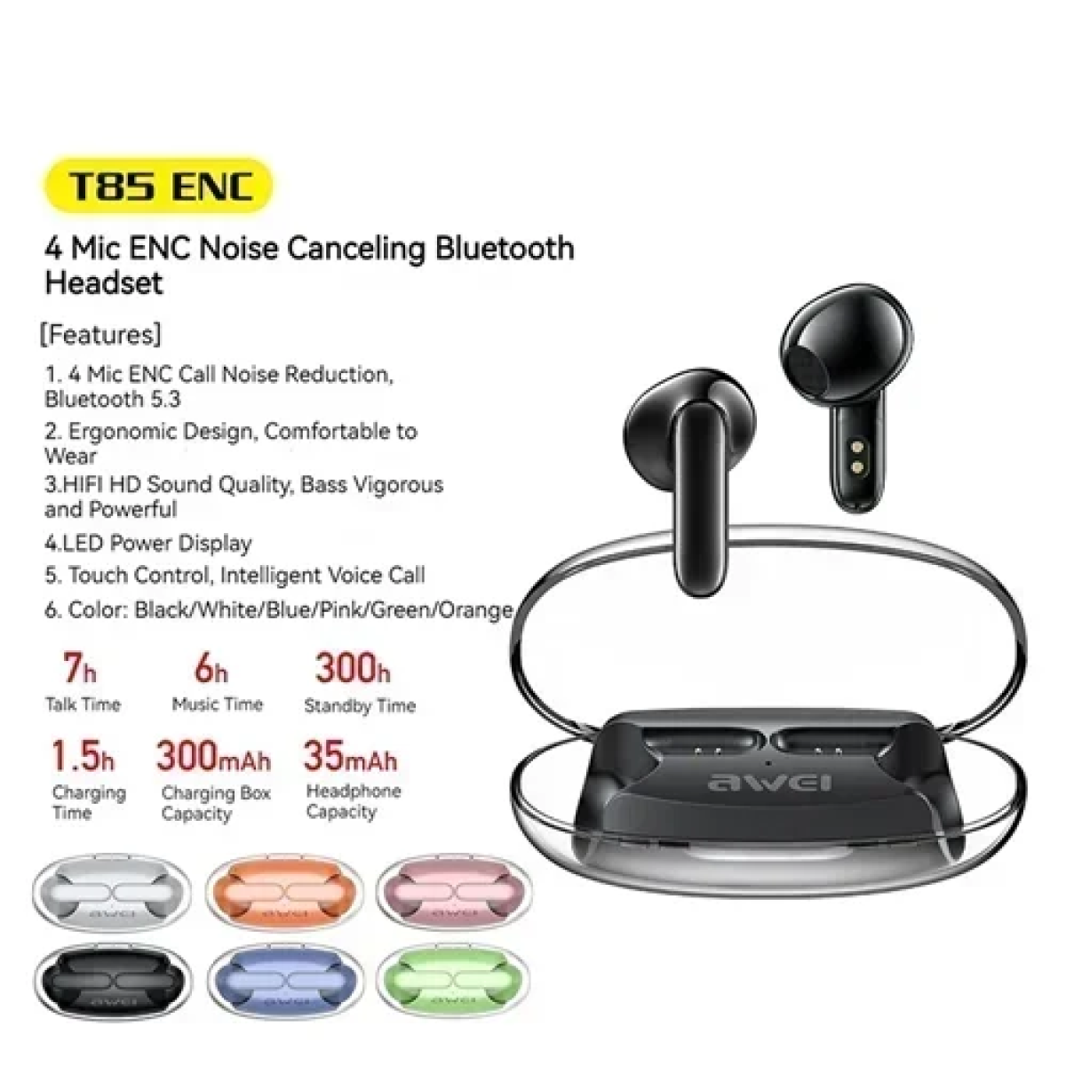 Ασύρματα ακουστικά Bluetooth με θήκη φόρτισης T85 ENC Awei - πράσινα - Image 2