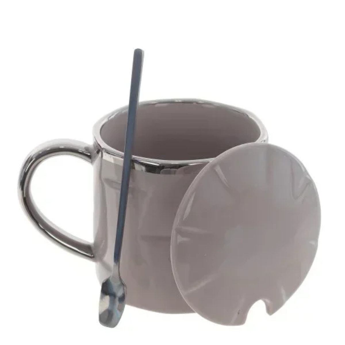 Κεραμική Κούπα 400ml με Καπάκι και Κουτάλι 9.3x8.5cm SDS-25458 Γκρι