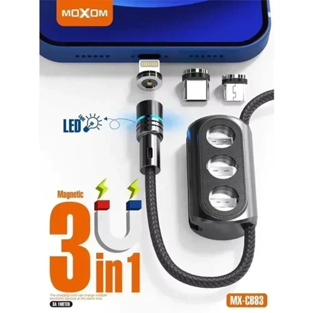 Μαγνητικό καλώδιο 3in1 3AH USB to Lightning / Type-C / micro USB Cable 1m Moxom MX-CB83 μαύρο - Image 3