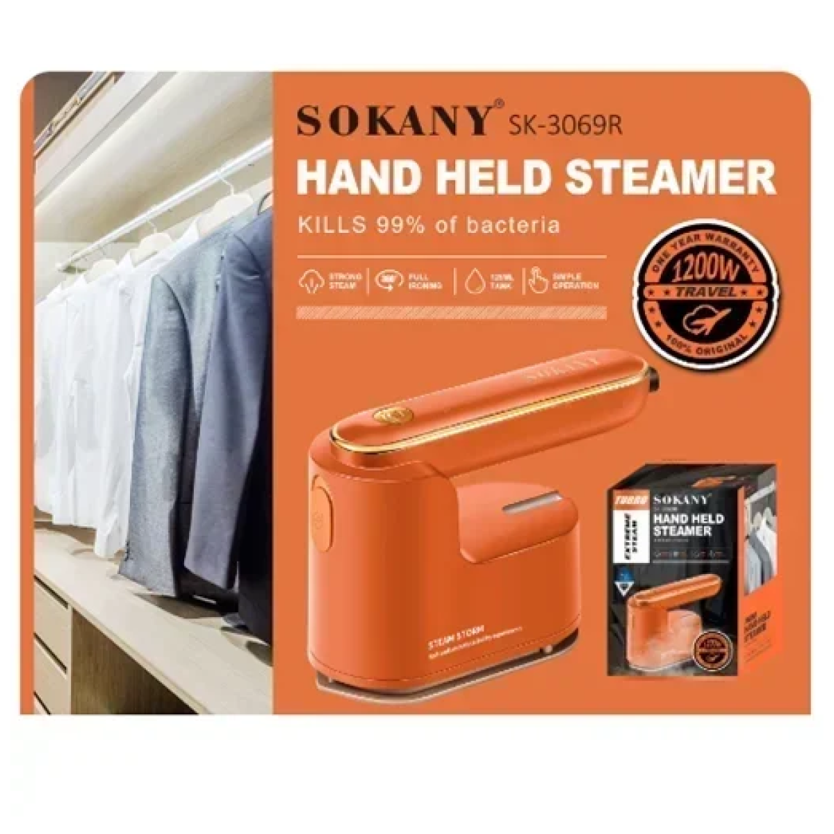 Μίνι ηλεκτρικό σίδερο ταξιδιού - Hand Held Steamer Sokany SK-3069 πορτοκαλί - Image 2