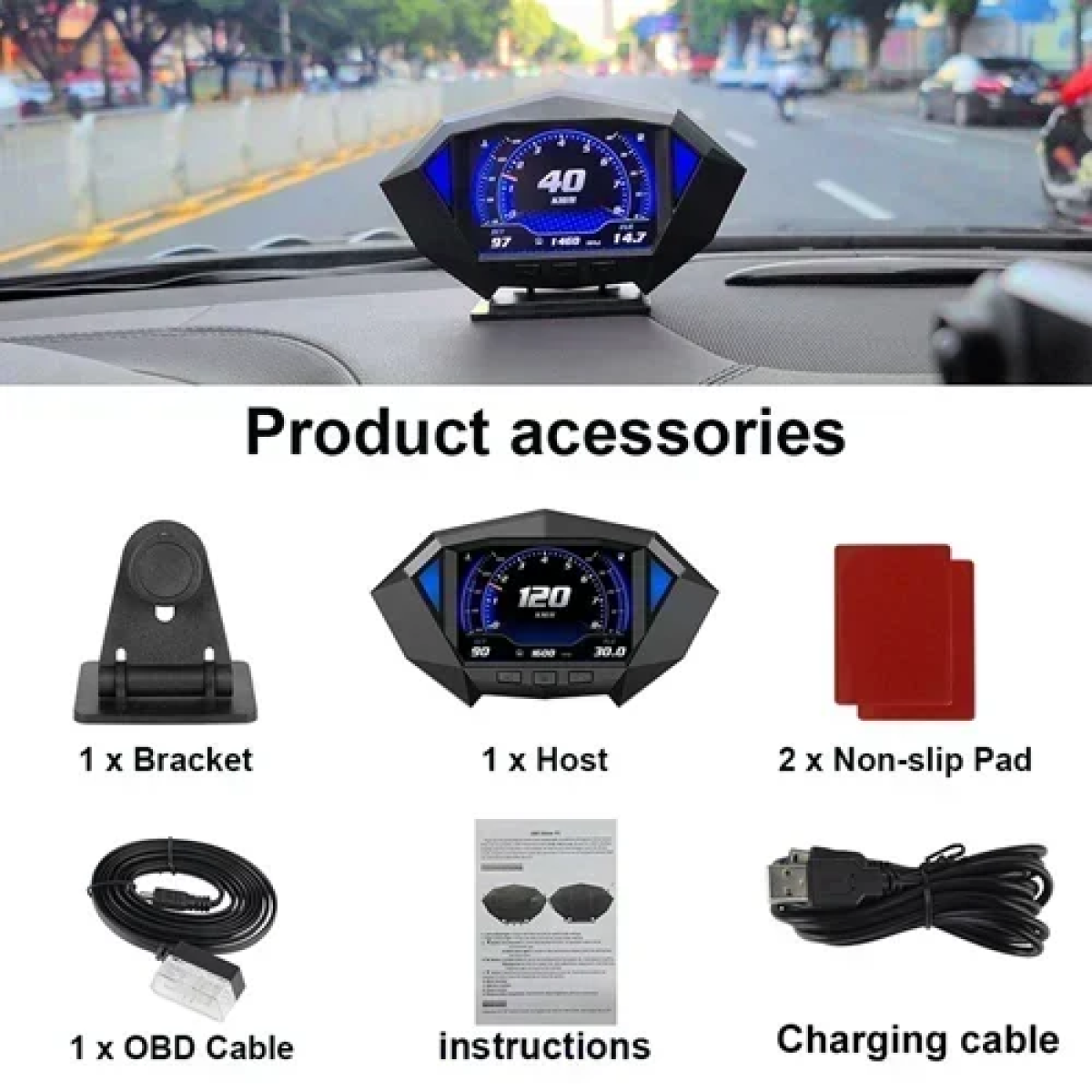 Ψηφιακή οθόνη ενδείξεων αυτοκινήτου P1 HUD Head Up Display OBD2 GPS - μαύρο - Image 2