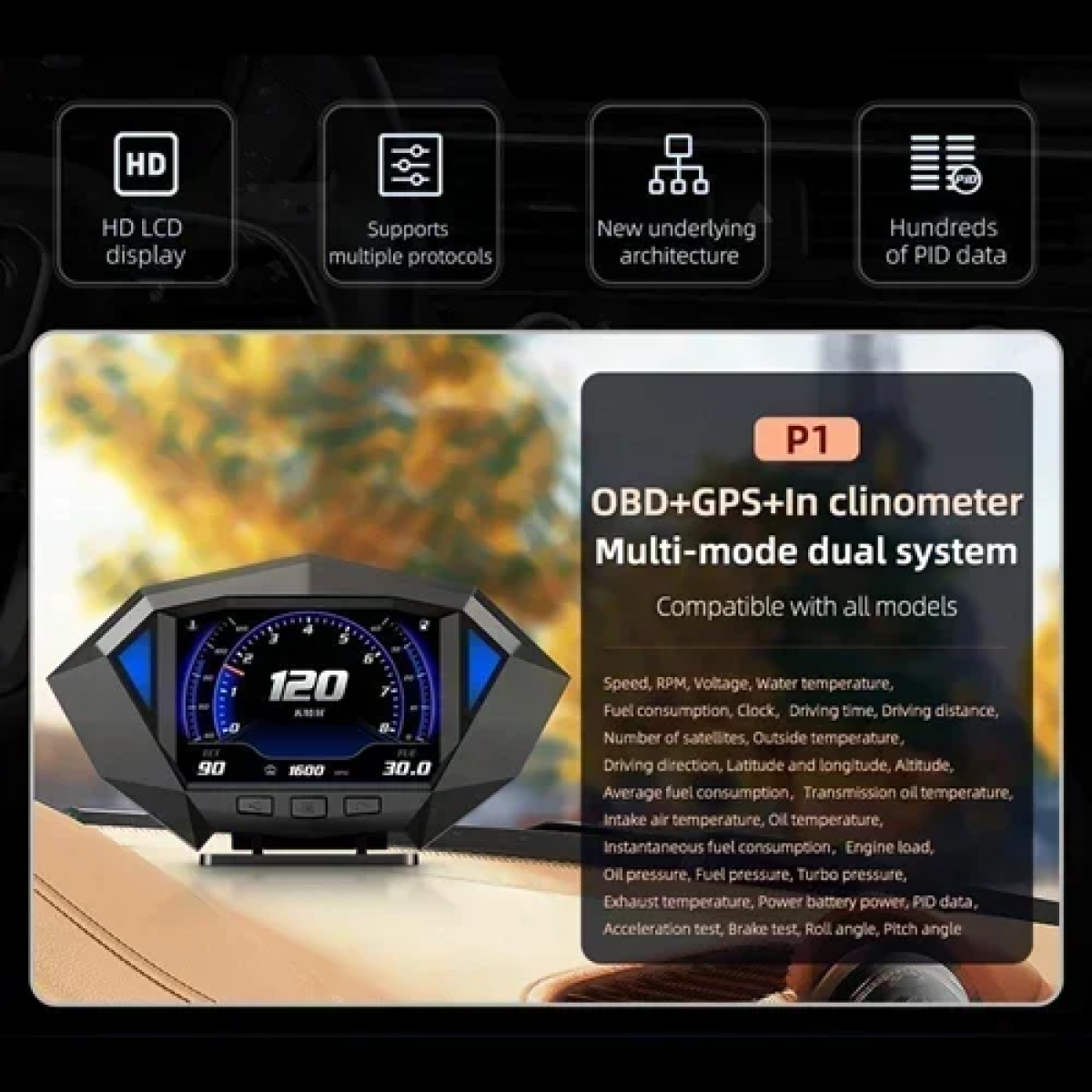 Ψηφιακή οθόνη ενδείξεων αυτοκινήτου P1 HUD Head Up Display OBD2 GPS - μαύρο - Image 3
