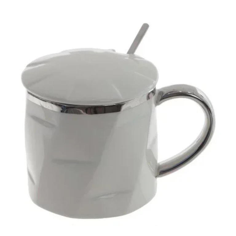 Κεραμική Κούπα 400ml με Καπάκι και Κουτάλι 9.3x8.5cm SDS-25458 Λευκή